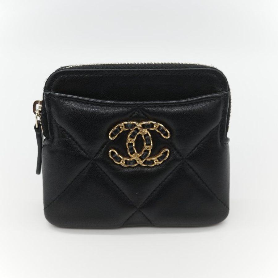 (大全配♥️)Chanel 香奈兒 19 大菱格紋 黑色羊皮 拉鍊 零錢包(卡位+零錢位)-2