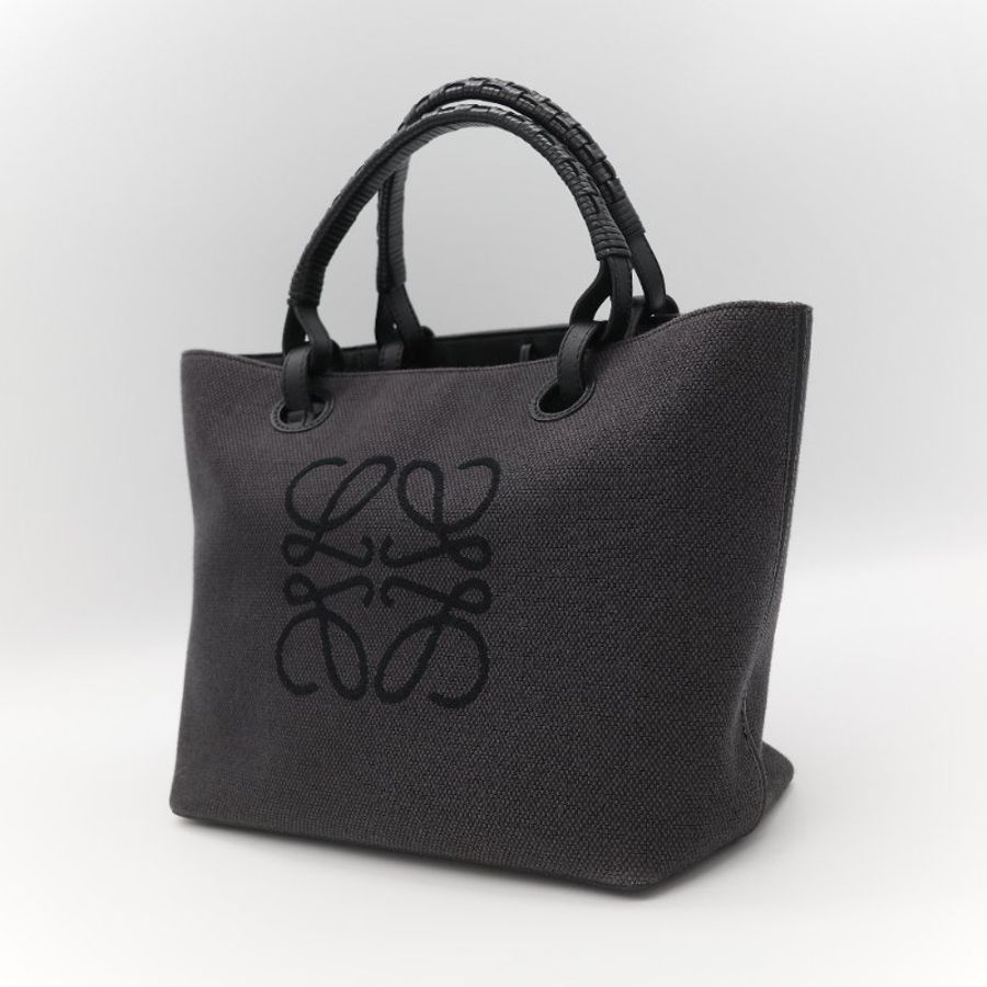 Loewe 羅威 Anagram 碳黑色 Tote Bag 帆布拼皮革 單肩包 手提袋 托特包-34