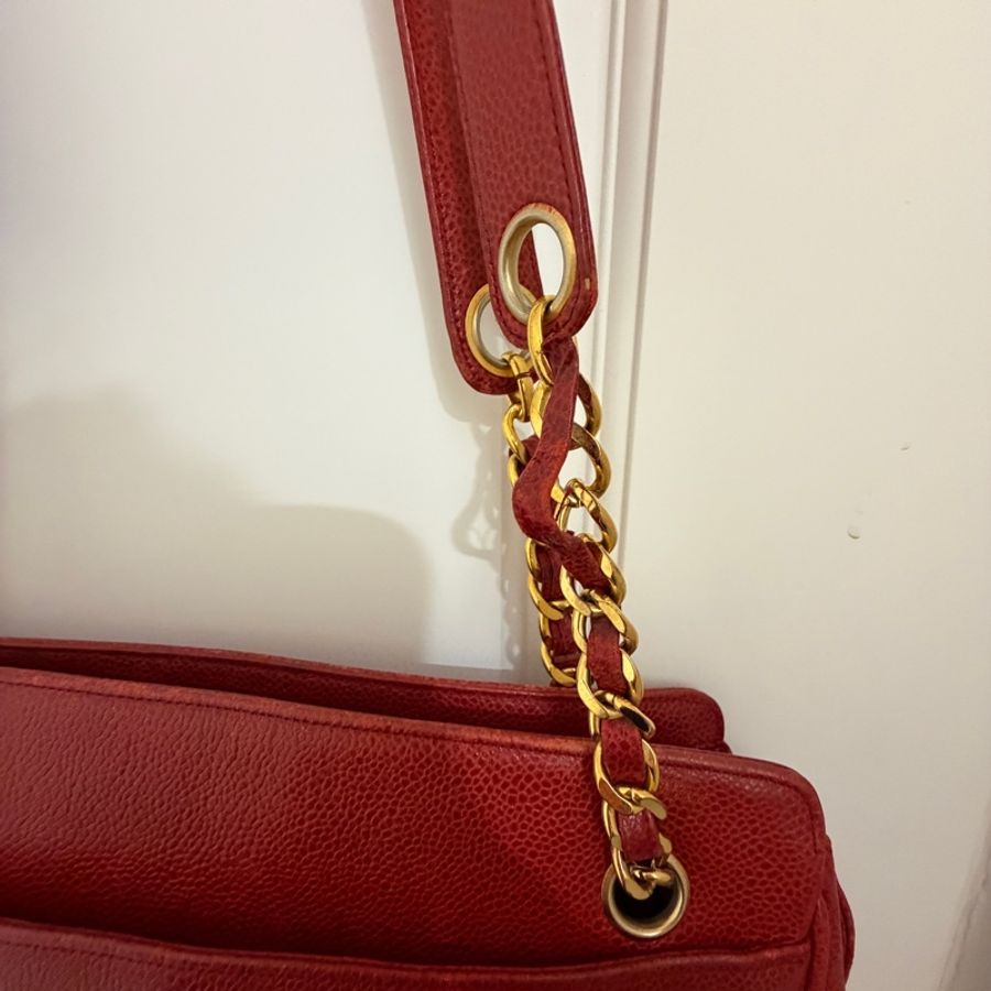 Vintage Chanel 金球酒紅粗金鏈復古托特包-3