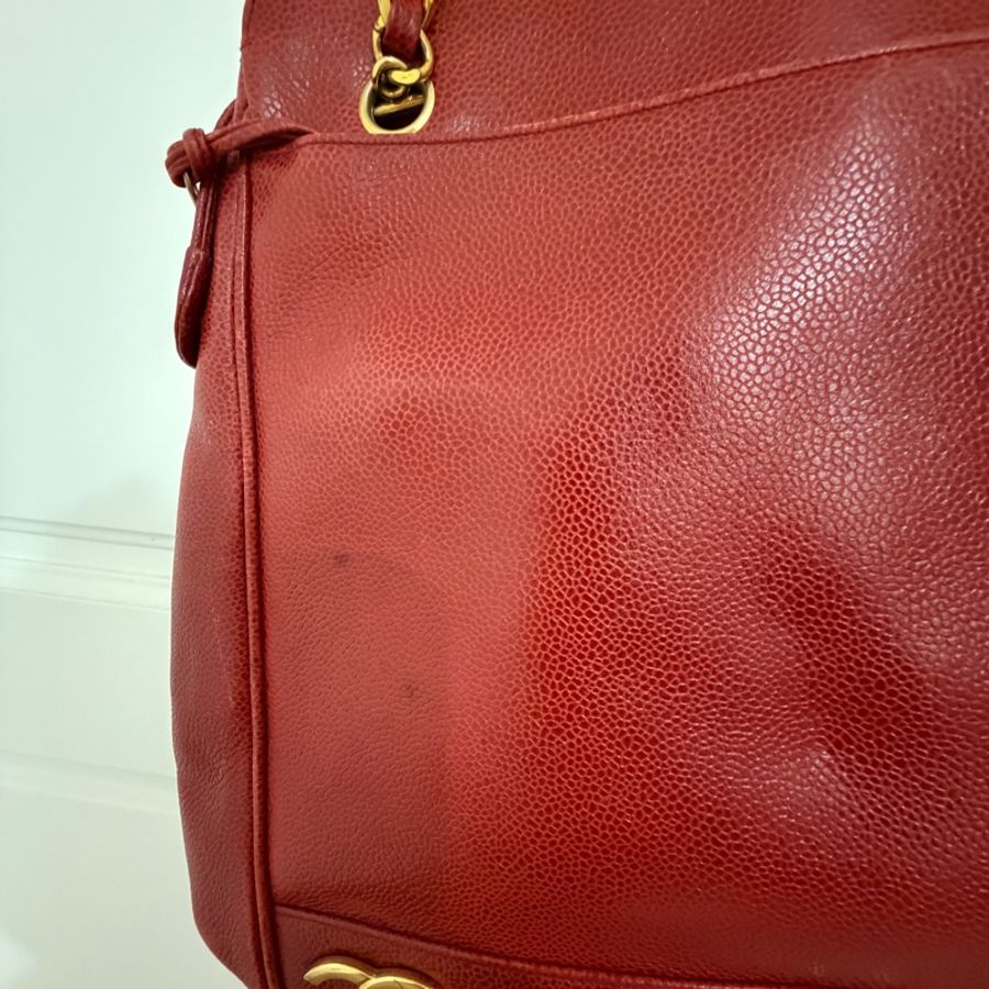 Vintage Chanel 金球酒紅粗金鏈復古托特包-5