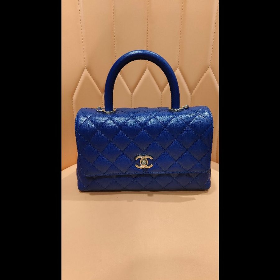 CHANEL Coco Handle Flap Matelasse 手提包 包包 皮革 女士藍色 A92990-9