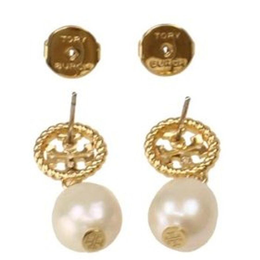 快速出貨！【TORY BURCH】珍珠造型雙T-LOGO耳環-玫瑰金-1