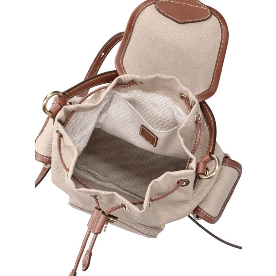 【MIU MIU】Backpack 中號 帆布 皮革 後背包 帆船繩 米色 白蘭地色 5BZ043-3