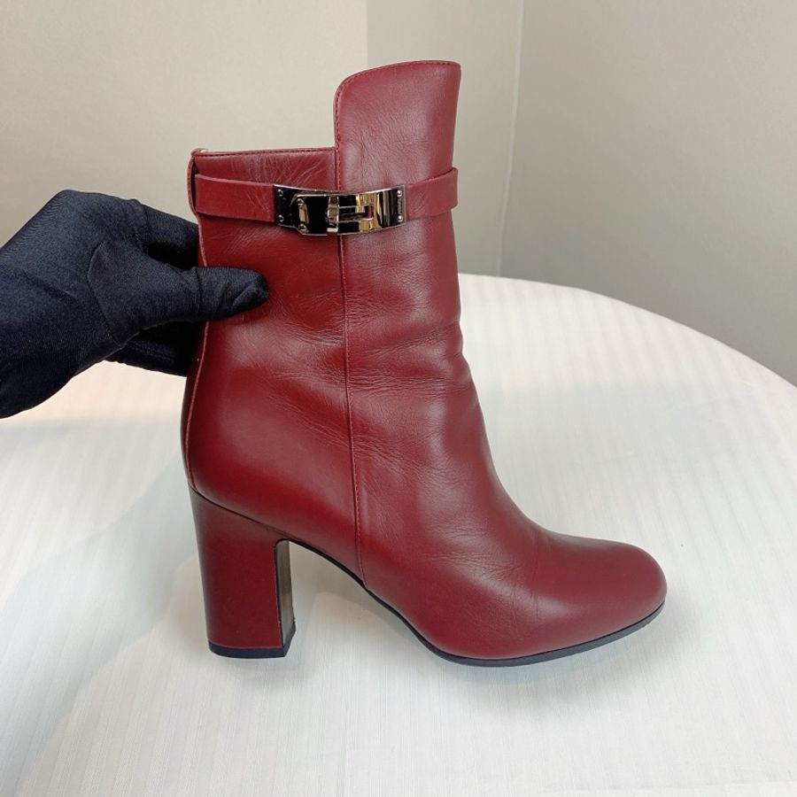 Hermes/愛馬仕 女士酒紅色Kelly全皮高跟靴子短靴 跟高約7公分 配件:盒子,塵袋 37碼-3