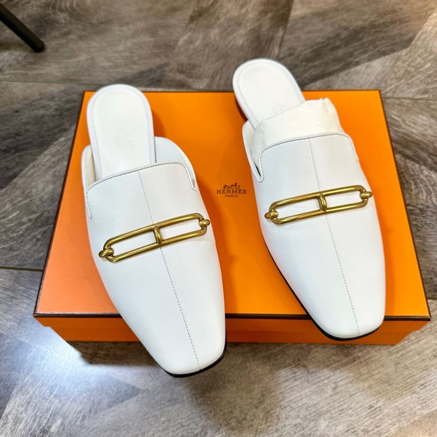 全新 Hermes 愛馬仕 roulis豬鼻子白金平底穆勒鞋拖 包頭拖鞋 山羊皮 百搭時尚 女款 白36碼-1