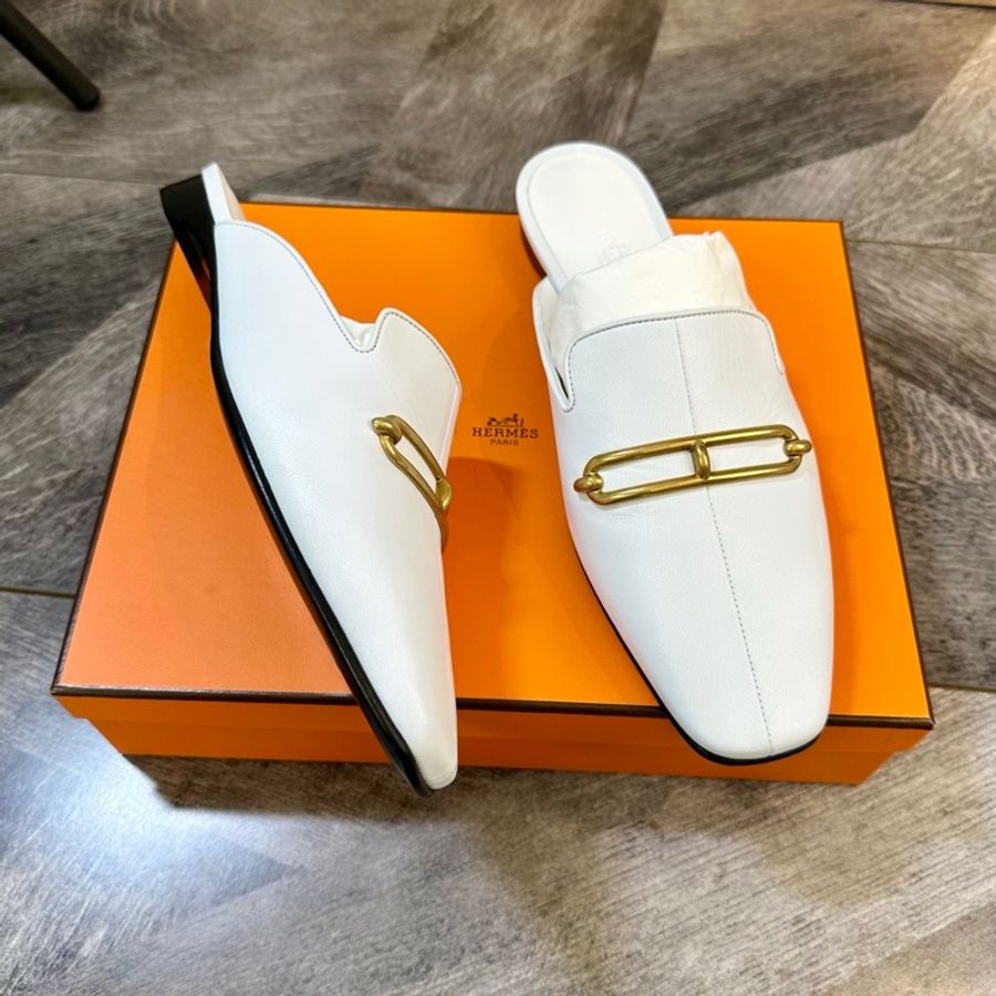 全新 Hermes 愛馬仕 roulis豬鼻子白金平底穆勒鞋拖 包頭拖鞋 山羊皮 百搭時尚 女款 白36碼-2