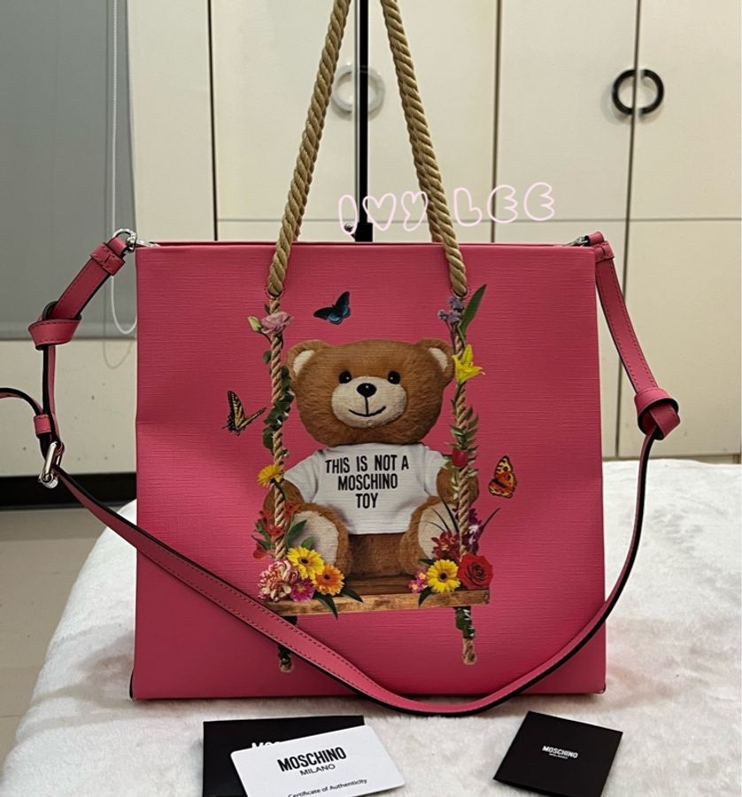 Moschino 經典盪鞦韆泰迪熊 Swing Bear 兩用托特包 粉色/防刮皮 斜背 手提 正品 二手精品-0