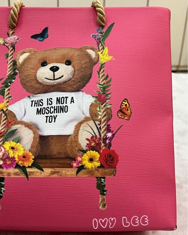 Moschino 經典盪鞦韆泰迪熊 Swing Bear 兩用托特包 粉色/防刮皮 斜背 手提 正品 二手精品-31