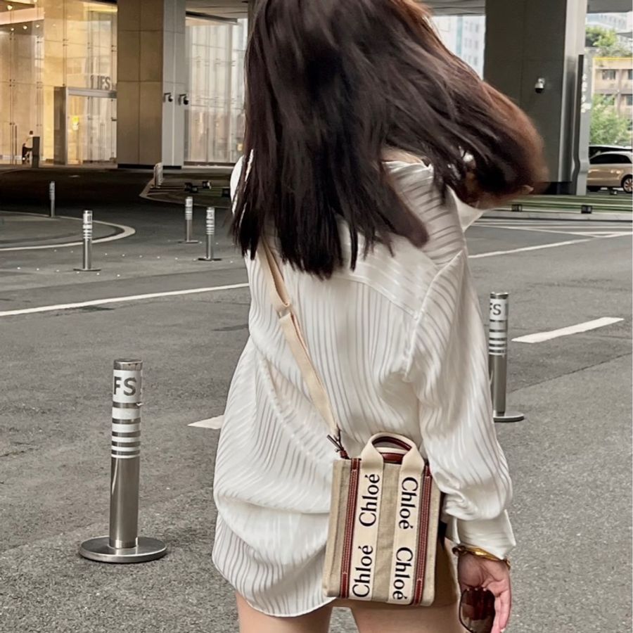 Chloe’ 蔻依 Woody North South 亞麻帆布皮革飾邊直立手提/斜背包(咖啡色)-0