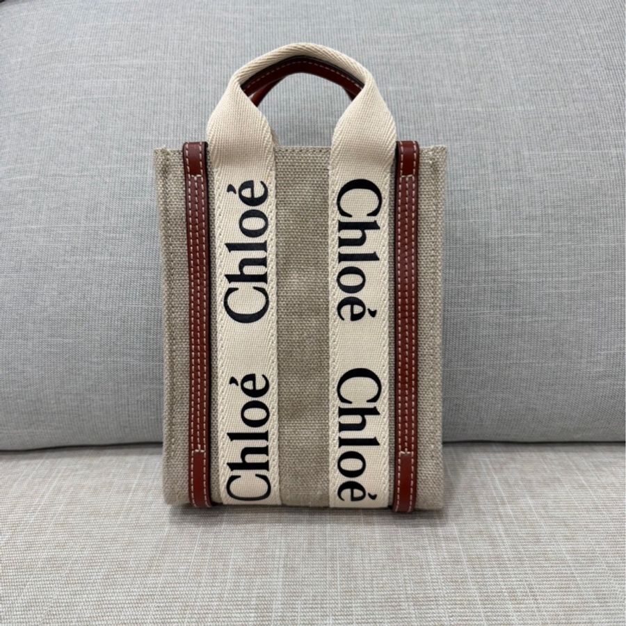 Chloe’ 蔻依 Woody North South 亞麻帆布皮革飾邊直立手提/斜背包(咖啡色)-5