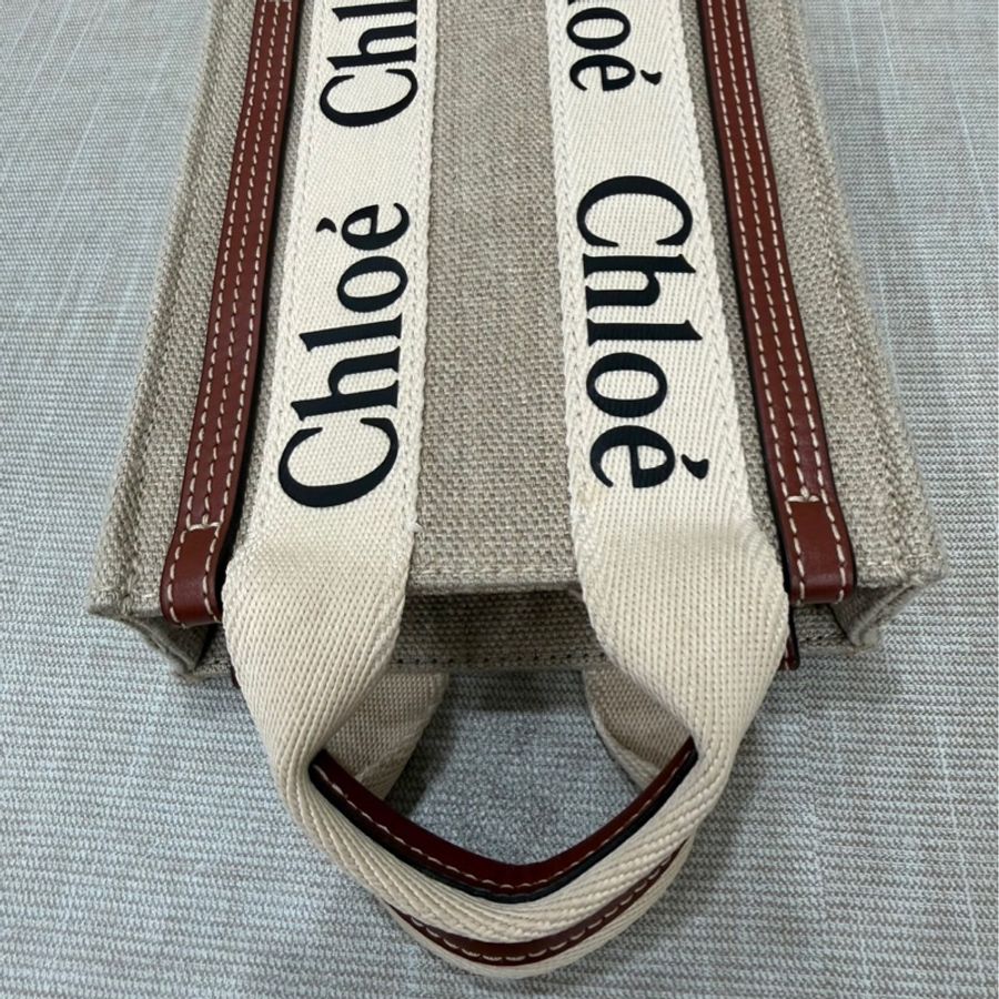 Chloe’ 蔻依 Woody North South 亞麻帆布皮革飾邊直立手提/斜背包(咖啡色)-16