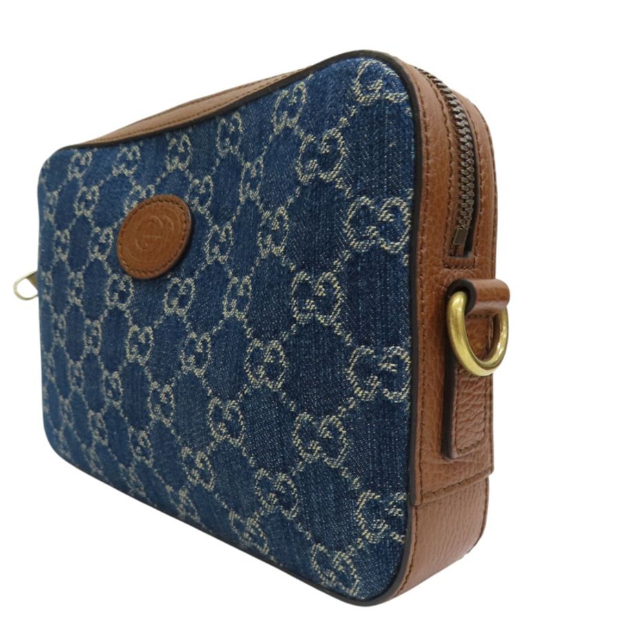 藍色單寧布 棕色牛皮飾邊 肩背包【GUCCI 古馳】 699133-2