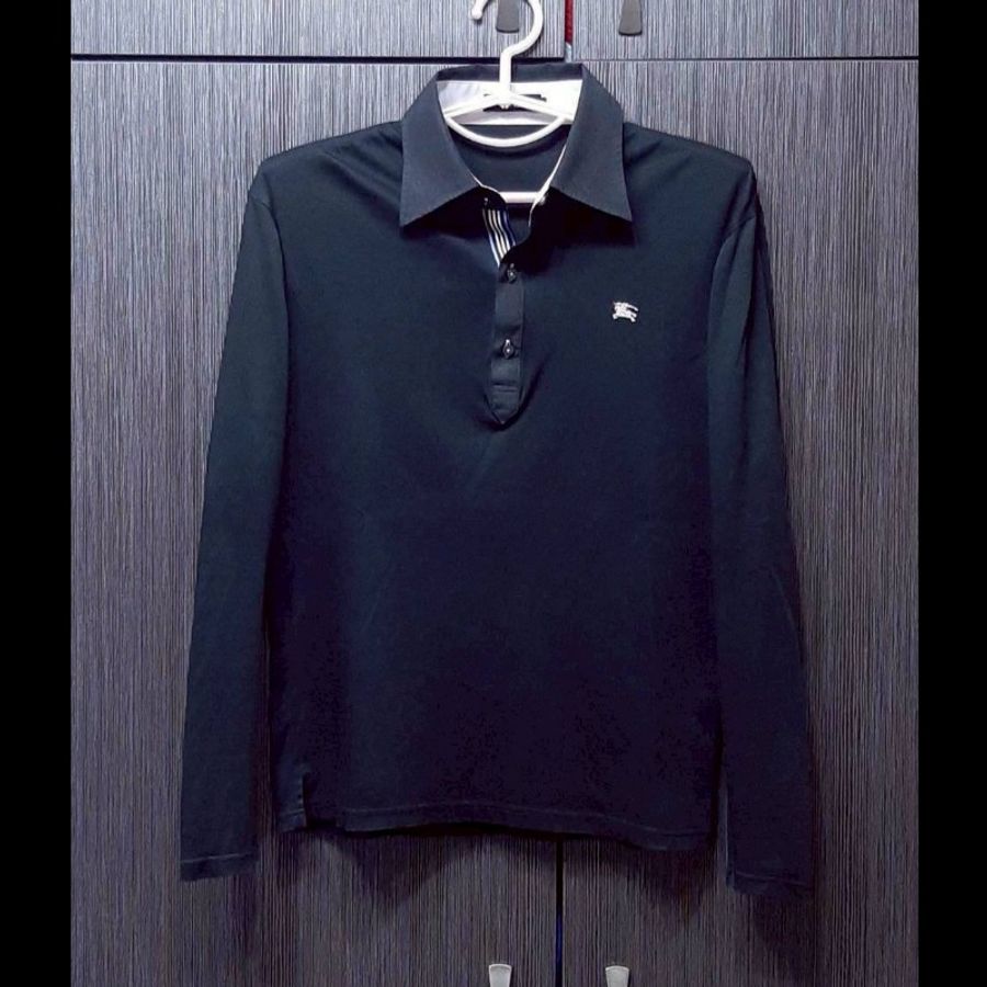 (日本製MIJ)絕版BURBERRY 博柏利 BLACK LABEL 黑標 戰馬 男黑色彈性長袖POLO衫2號-0