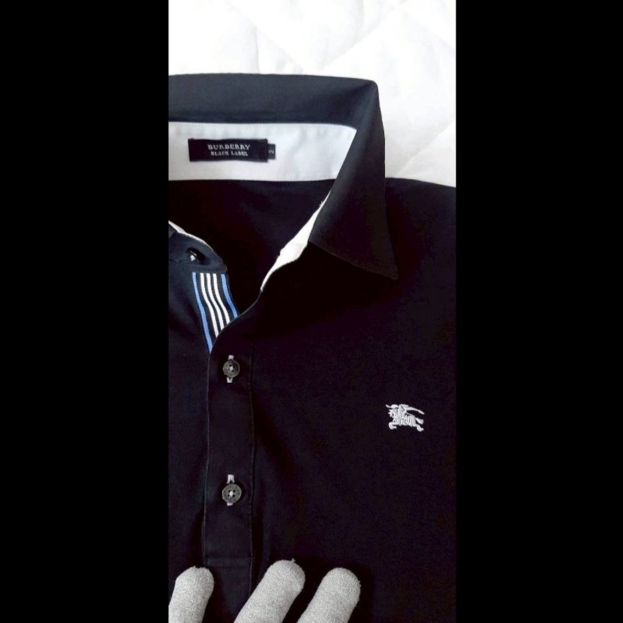 (日本製MIJ)絕版BURBERRY 博柏利 BLACK LABEL 黑標 戰馬 男黑色彈性長袖POLO衫2號-4