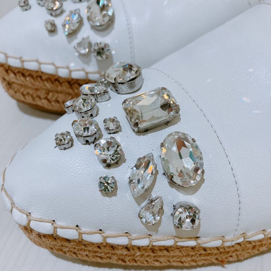 TK1998 Miu Miu White Leather Crystal Embellished Espadrille Loafers Size 41-5