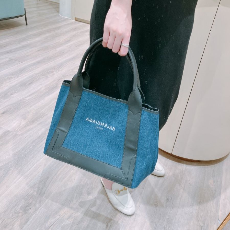 TK1984 巴黎世家 牛仔布拼牛皮 手提袋 Balenciaga Cabas S Tote Bag Denim Navy x Black-1