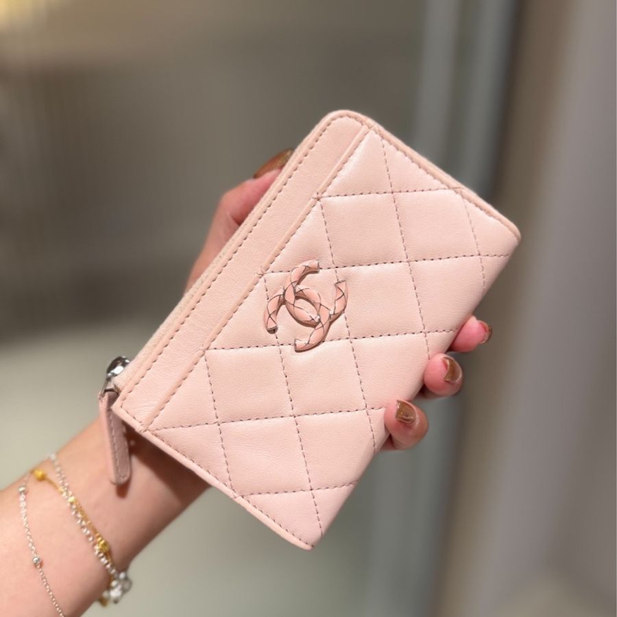 chanel 香奈兒 櫻花粉 信用卡卡夾 L拉 卡夾 皮夾 短夾 錢包 零錢包-0