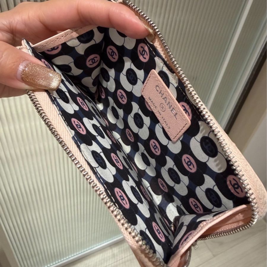 chanel 香奈兒 櫻花粉 信用卡卡夾 L拉 卡夾 皮夾 短夾 錢包 零錢包-10