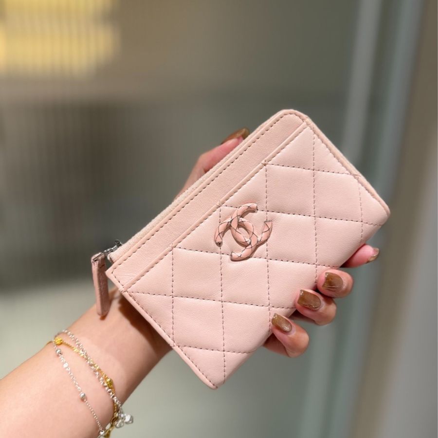 chanel 香奈兒 櫻花粉 信用卡卡夾 L拉 卡夾 皮夾 短夾 錢包 零錢包-12