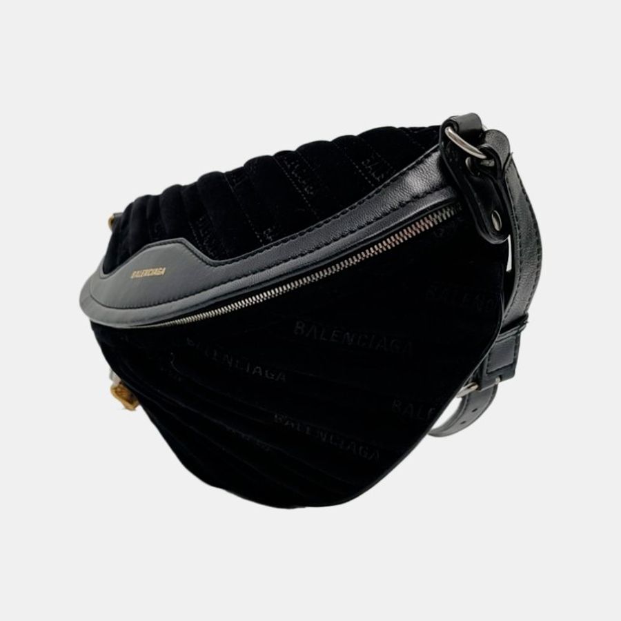 BALENCIAGA Souvenirs黑色絲絨斜挎包腰包/胸包金色銀色五金-2