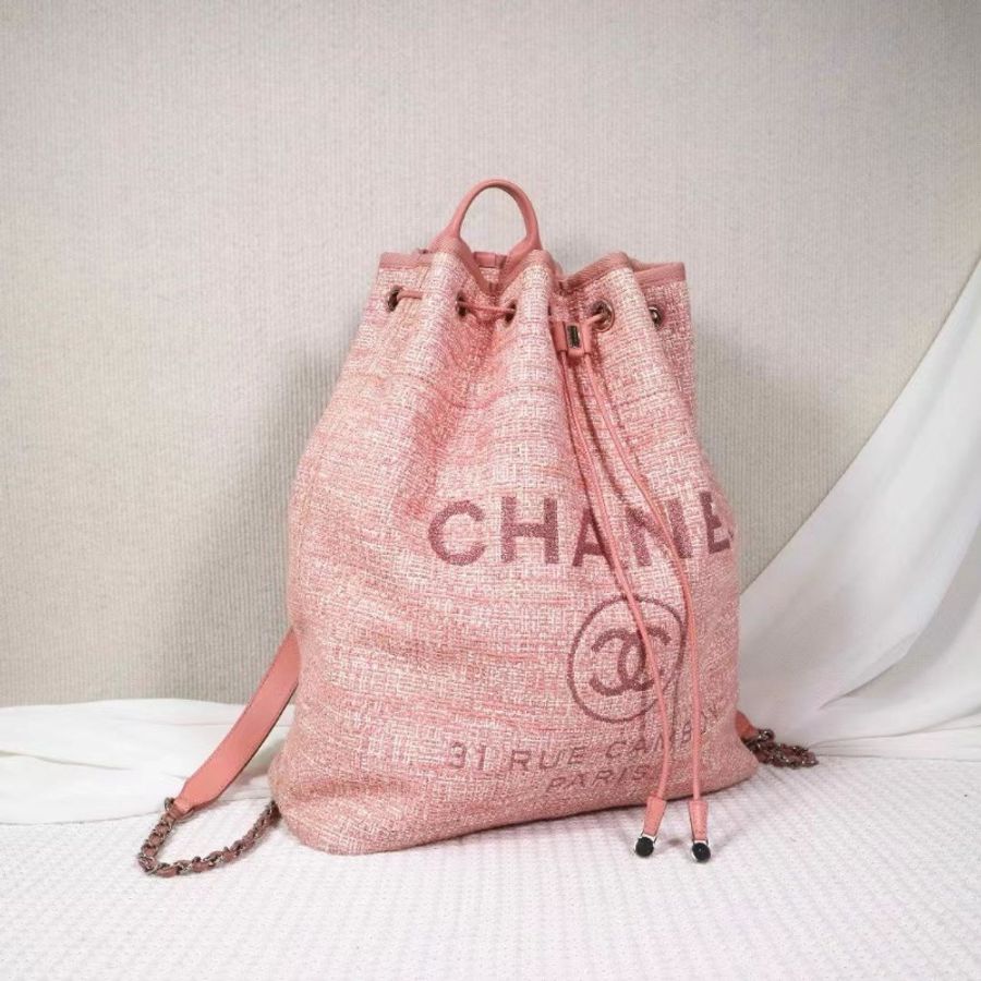 CHANEL 毛呢 沙灘系列 後背包西柚粉33*39*15 98新配件塵袋-5