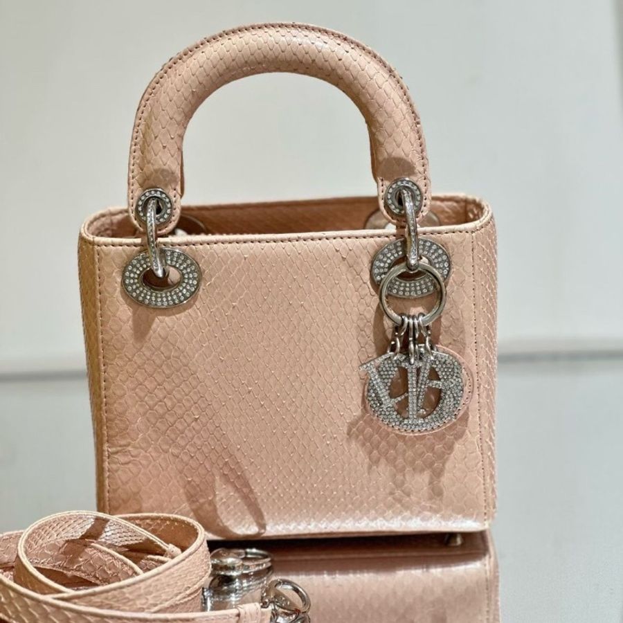 DIOR LADY DIOR MINI 鑽扣黛妃三格 蛇皮 手提肩背包20*17 藕粉色淡粉色 98新配件肩帶保卡盒子塵袋-2
