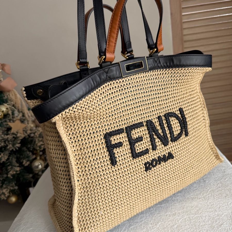 Fendi芬迪 菲草編織托特包沙灘包-13