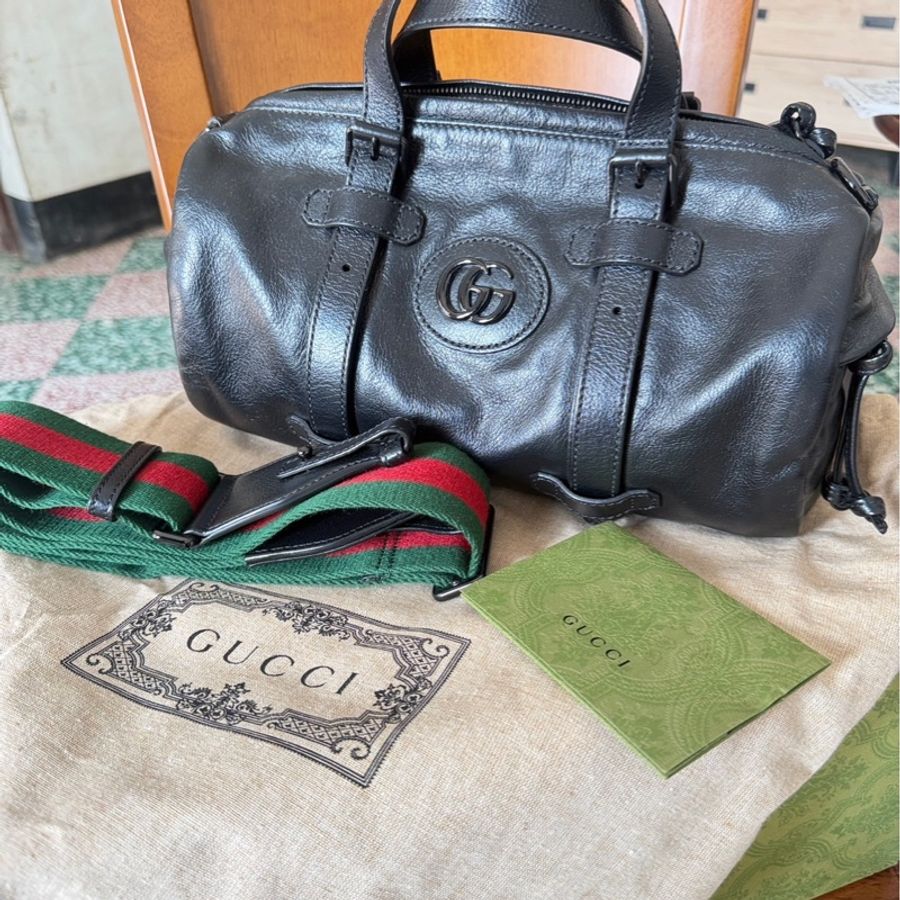 Gucci黑色皺紋皮革小號旅行袋(型號:725701)-12