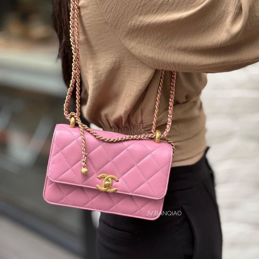 S5352-CHANEL 24C粉色牛皮金釦雙金球下蓋包/AS2649-0