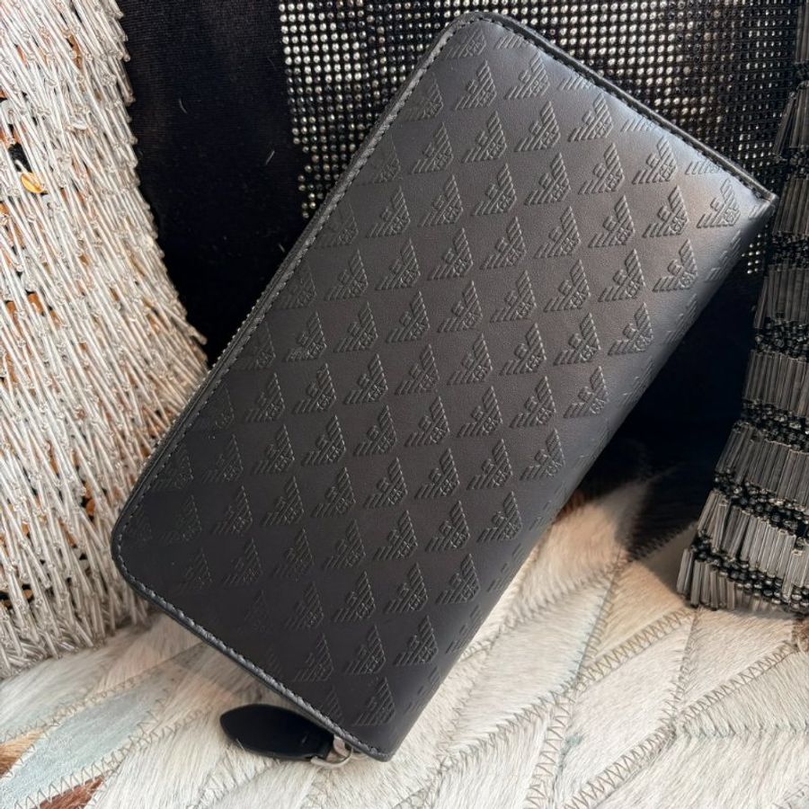 ARMANI 標誌LOGO 防刮拉鍊長夾/黑-0