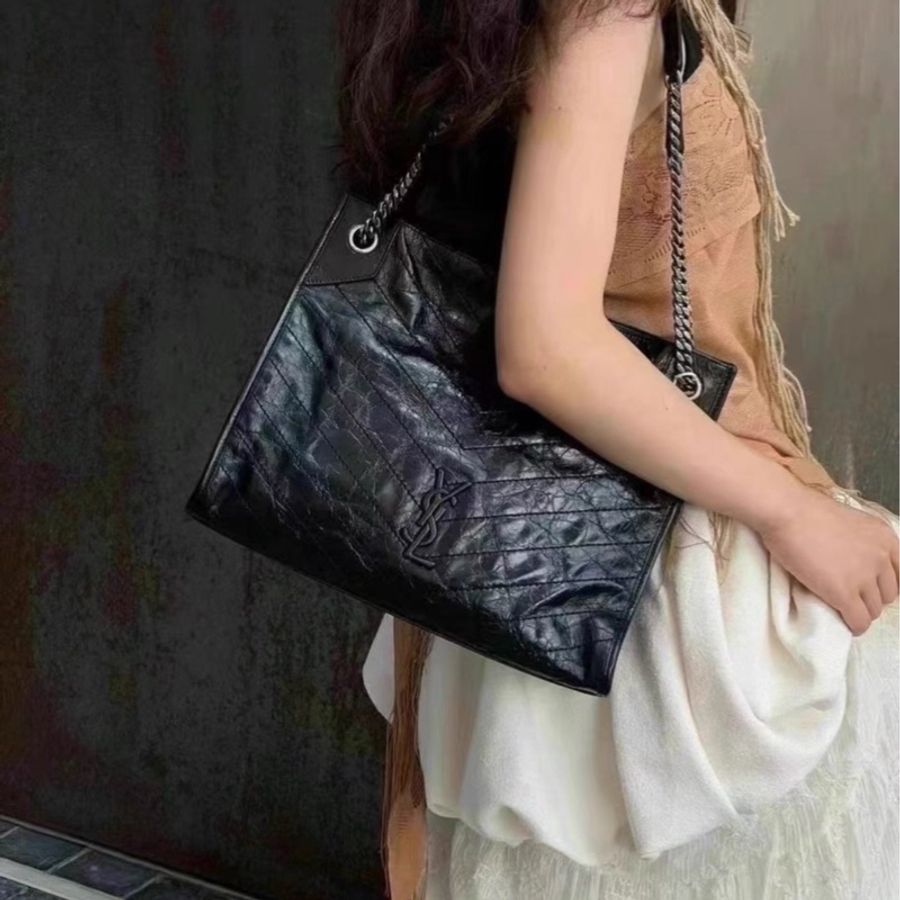 #YSL #聖羅蘭Niki shopping bag 黑銀油蠟牛皮 👜👜-16