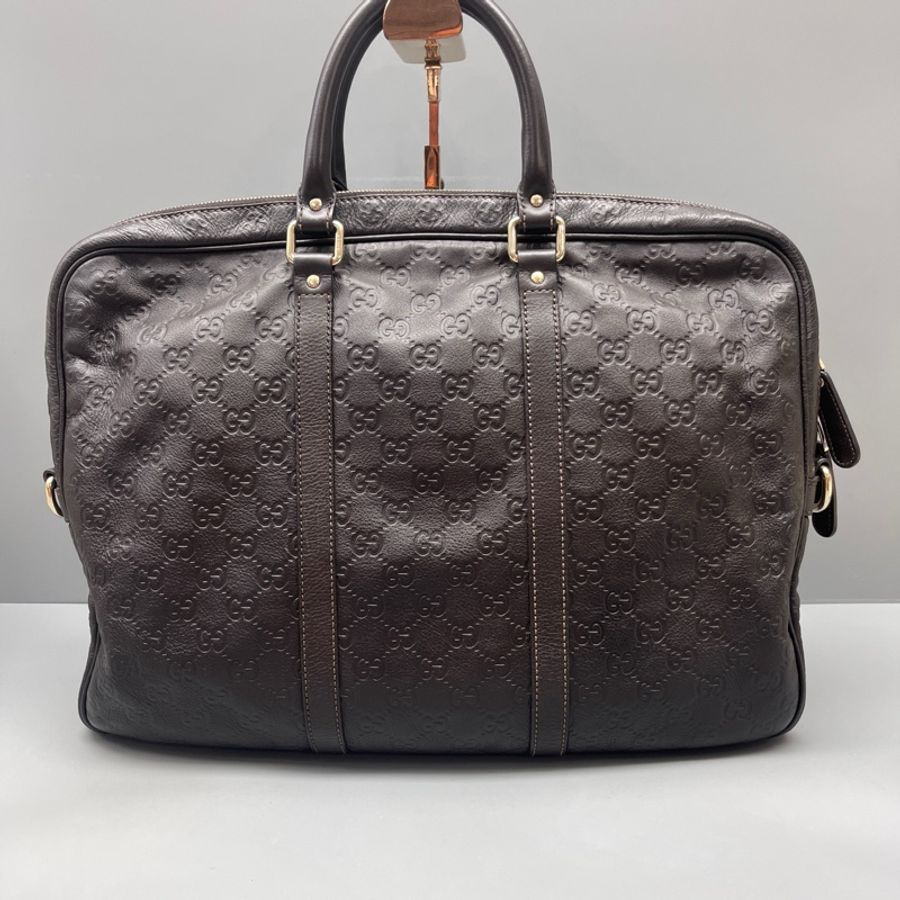 Gucci古馳 老花壓紋牛皮公文包 棕色 無肩帶-9