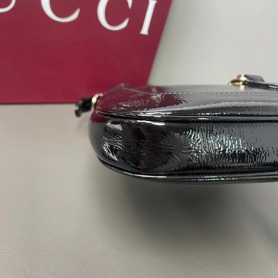 Gucci Jackie新版本黑色漆皮 肩背斜背包腋下包手拎包 金色鎖扣26*18*3.5  99新配件塵袋 盒子 肩帶-7