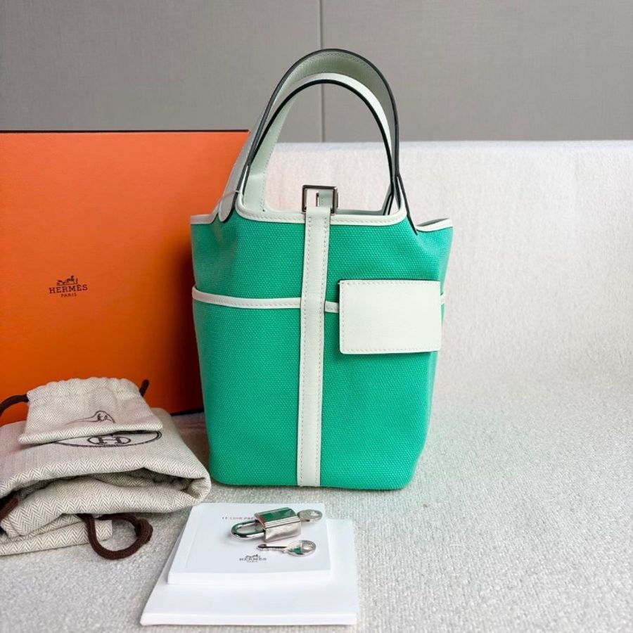 Hermes Cargo Picotin菜籃子18漫畫綠/氣泡綠 Goeland帆布拼Swift小牛皮 銀扣 18*18*13 99新盒子 塵袋 鑰匙鎖 說明書-1