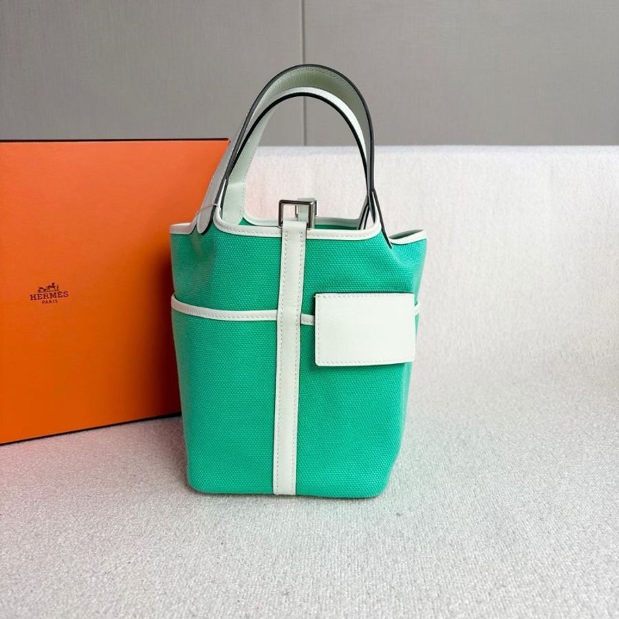 Hermes Cargo Picotin菜籃子18漫畫綠/氣泡綠 Goeland帆布拼Swift小牛皮 銀扣 18*18*13 99新盒子 塵袋 鑰匙鎖 說明書-3