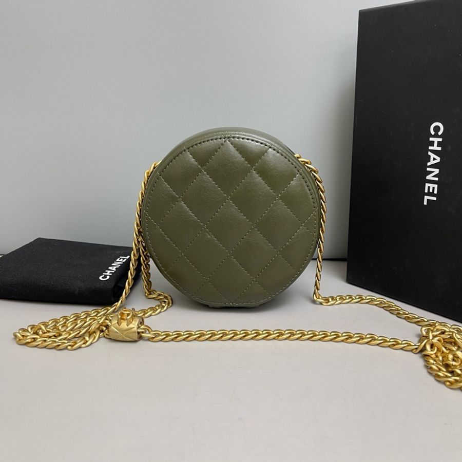 97新❤️Chanel香奈兒 軍綠色全皮菱格金柱圓餅包 芯片-1