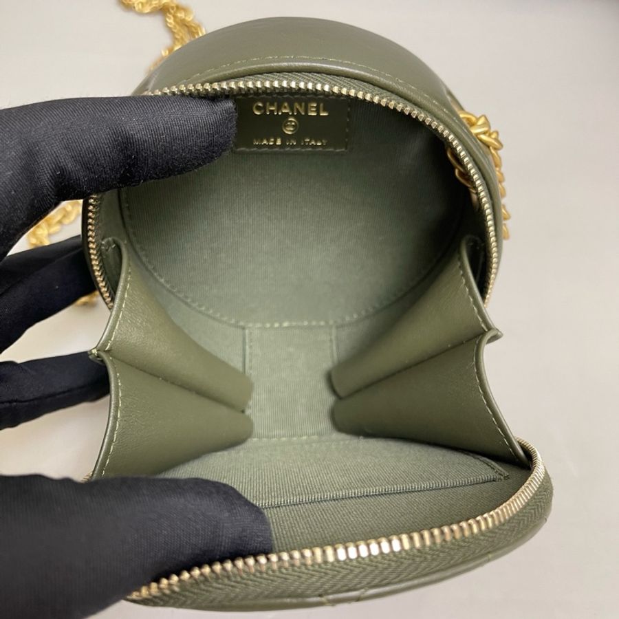 97新❤️Chanel香奈兒 軍綠色全皮菱格金柱圓餅包 芯片-8