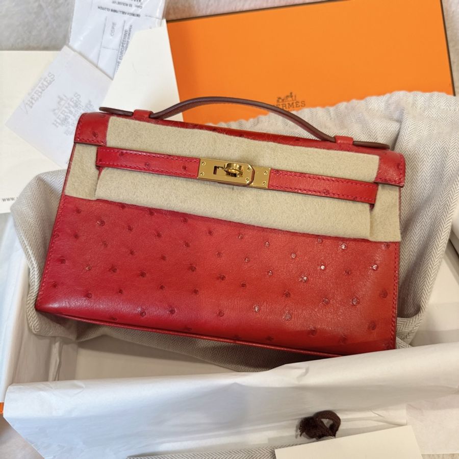 HERMES✨MINI KELLY 一代 鴕鳥皮 53 ROUGE ORANGE 紅色金釦 T刻-1