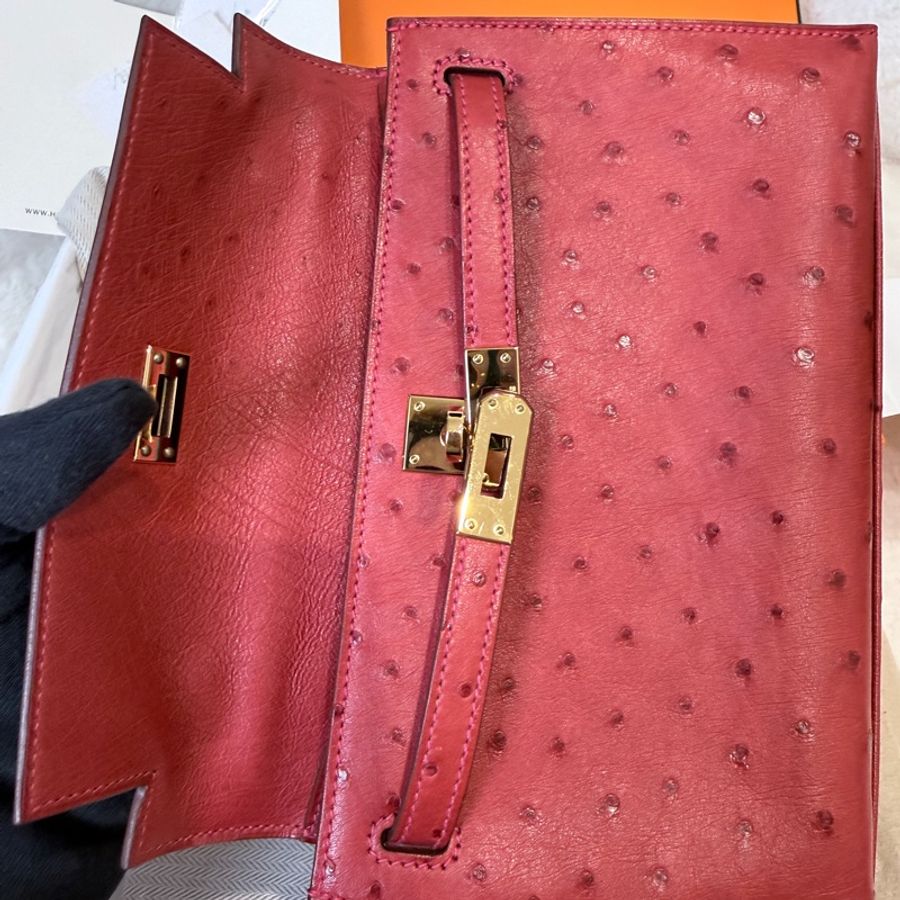 HERMES✨MINI KELLY 一代 鴕鳥皮 53 ROUGE ORANGE 紅色金釦 T刻-18