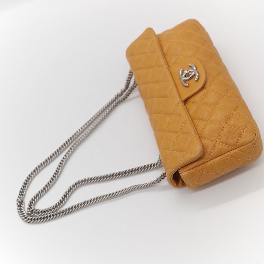Chanel 香奈兒 Classic Flap CF 25cm 芥末黃 牛皮 銀色鏈條 斜挎包 口蓋包-8