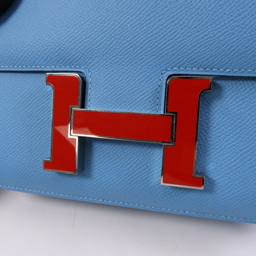 HERMES Epsom皮革Constance 24銀扣肩背袋Bleu du Nord/Rouge de Coeur-6