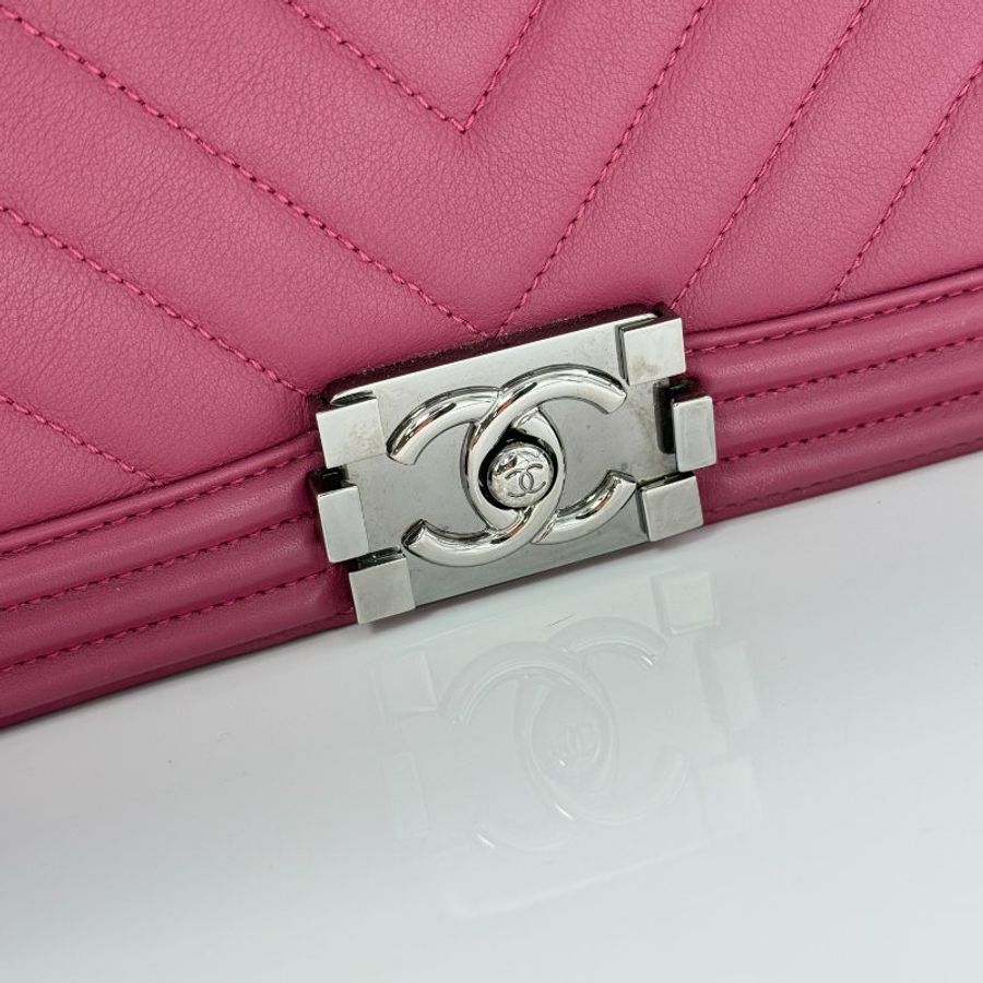 Chanel 香奈兒 Leboy 中型 25cm 人字紋 紫粉色  小牛皮 手袋 斜背包 鏈條包-14