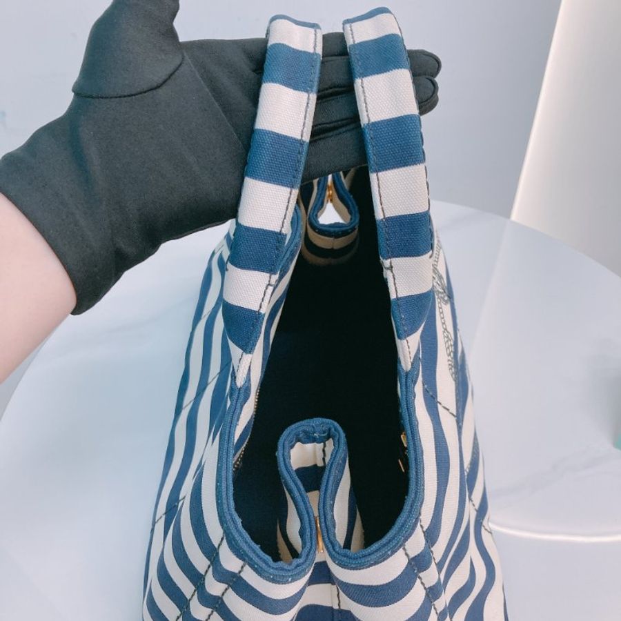 MS0602 Prada 普拉達 麻繩圈標誌 帆布 手提包 單肩包 間條 軍藍色 金扣 Canapa Logo Handle Bag with Strap Canvas Navy x White-11