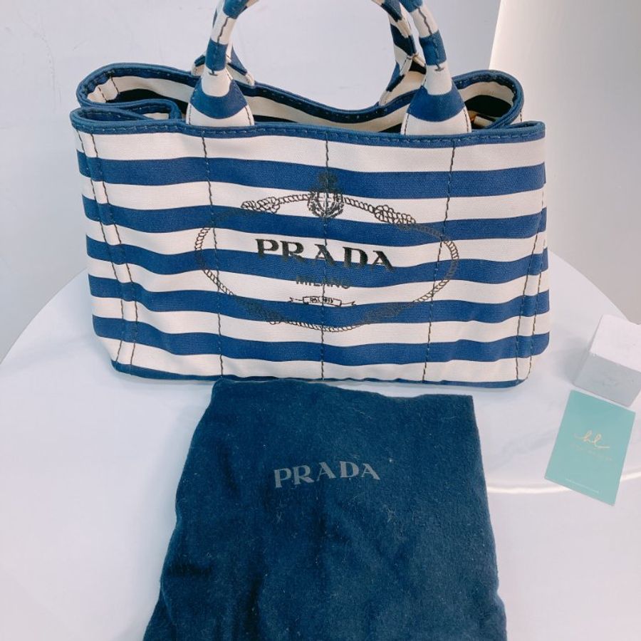 MS0602 Prada 普拉達 麻繩圈標誌 帆布 手提包 單肩包 間條 軍藍色 金扣 Canapa Logo Handle Bag with Strap Canvas Navy x White-21