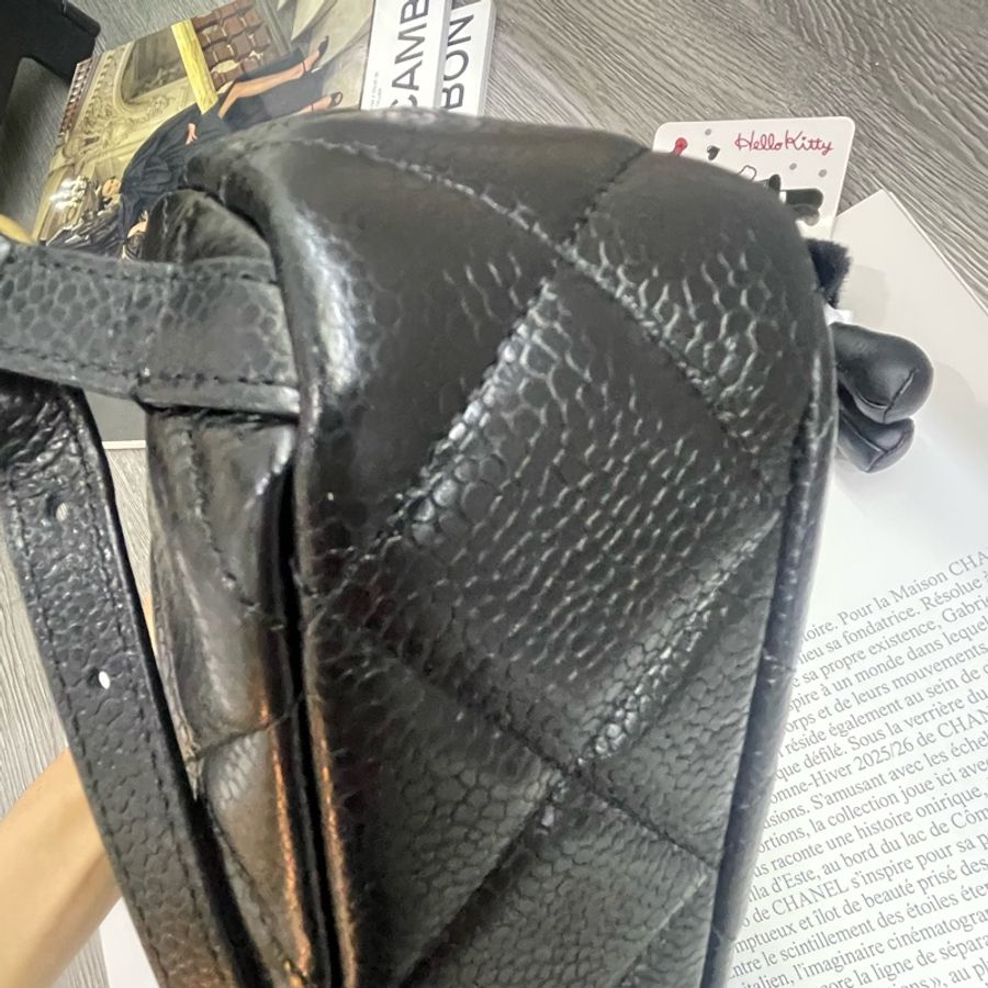 99新閑置品 Chanel 香奈儿黑金荔枝牛皮郵差雙肩包-10