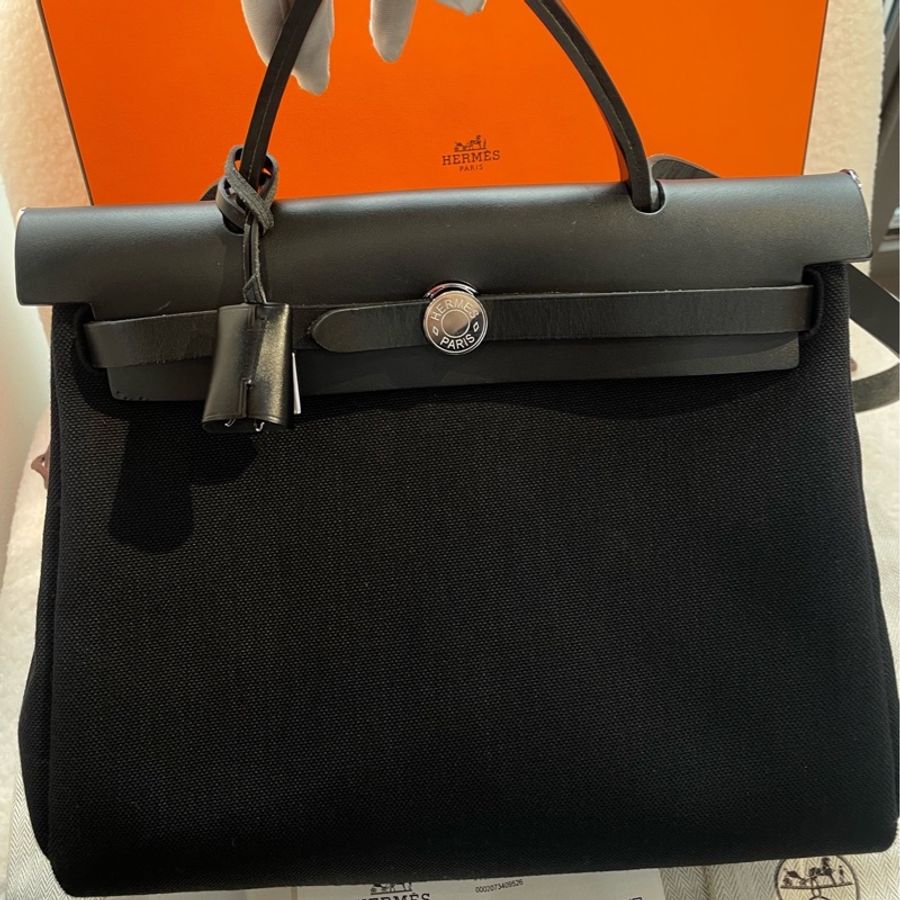 愛馬仕/Hermes herbag31 zip 黑銀 牛皮拼帆布-1