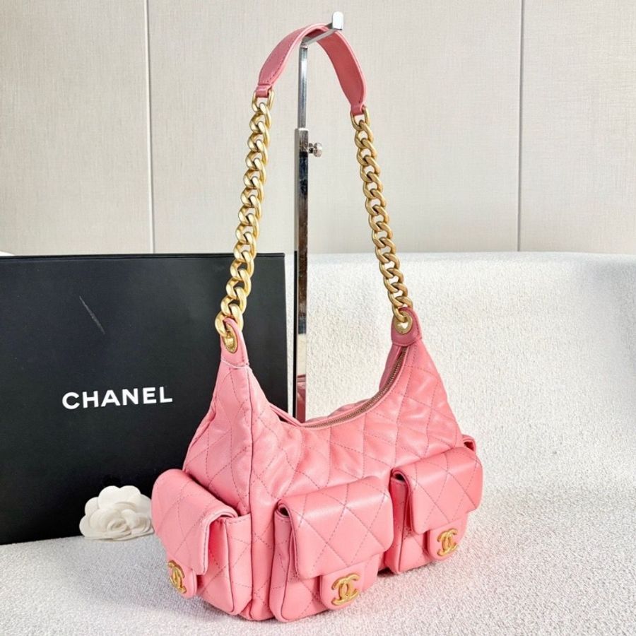 Chanel hobo嬉皮包 芯片款 粉色 金扣 羊皮 25*22*12  9新 配件塵袋-5