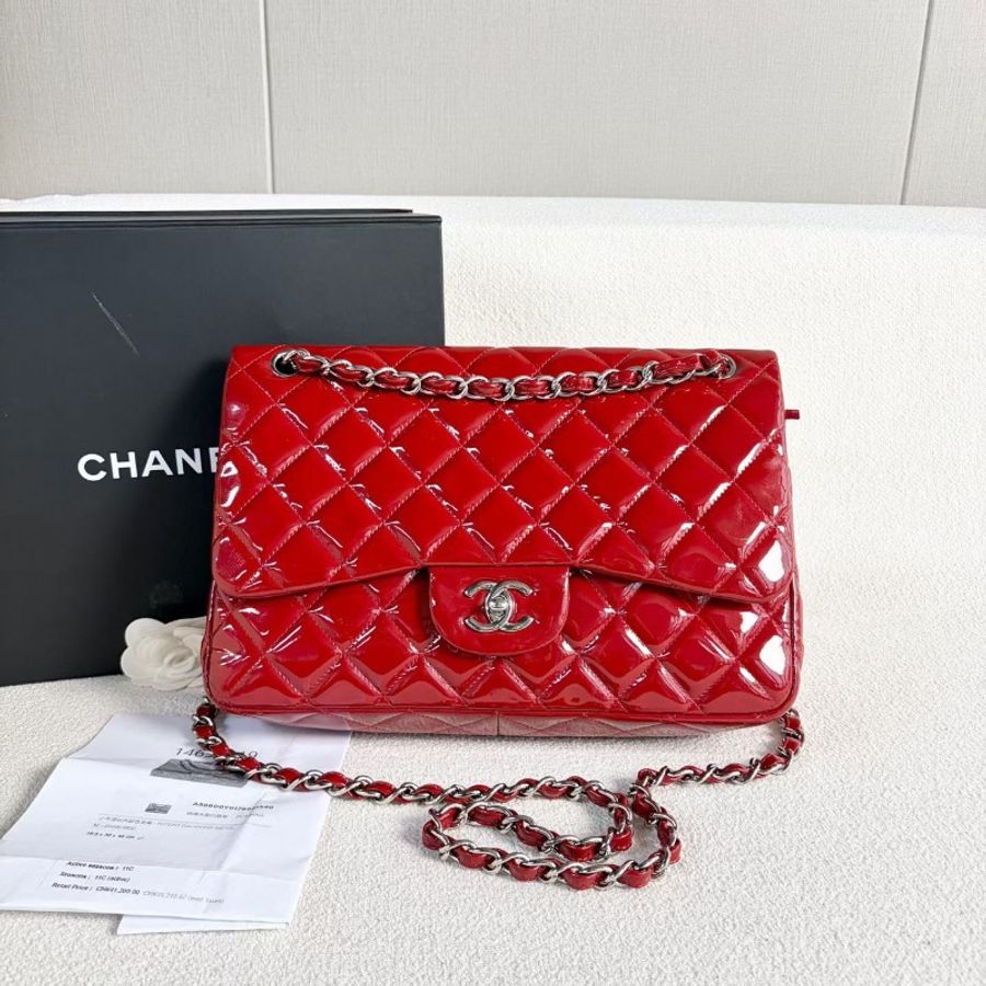 Chanel 漆皮CFJumbo雙蓋鏈條包 紅色 銀扣 漆皮 30*20*9 98新配件塵袋-1