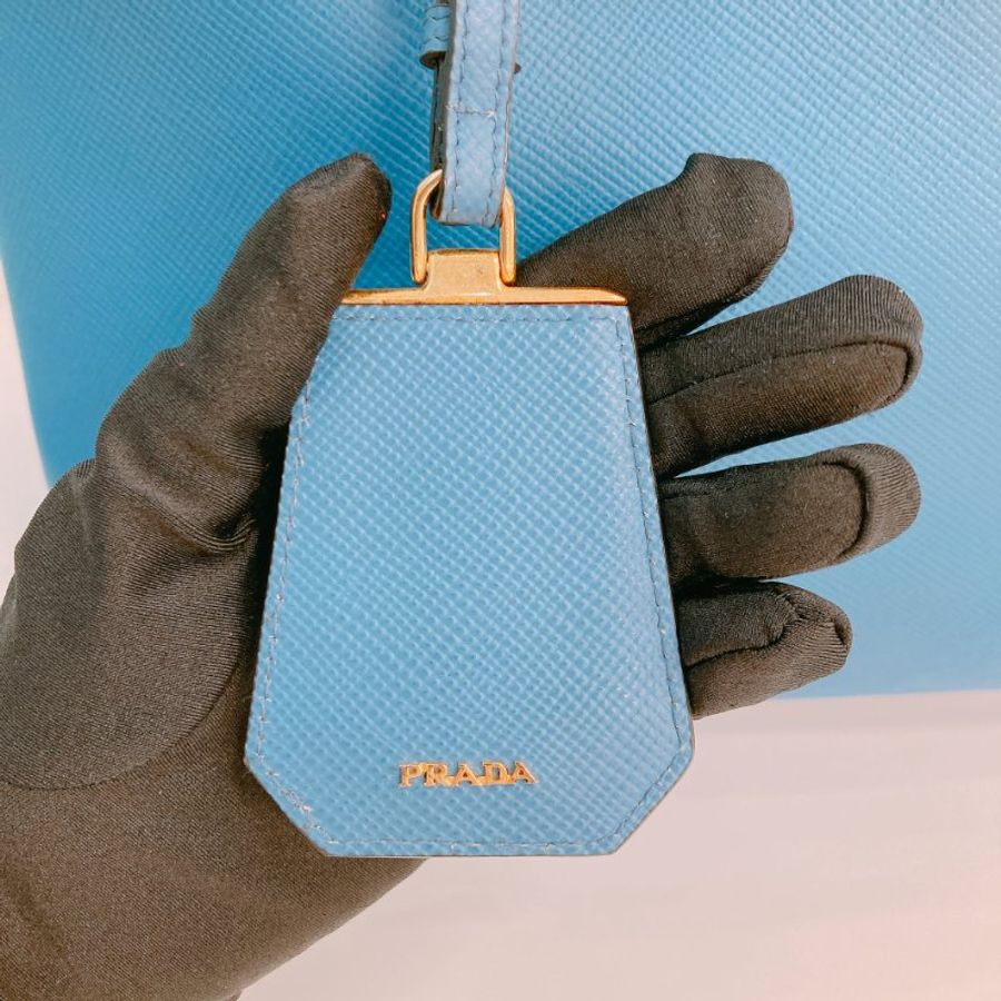 MS0605 Prada 普拉達 十字紋牛皮 殺手包 藍色 金扣 手提包 肩背包 單肩 斜背 Saffiano Double Bag Calfskin Blue x GHW-17