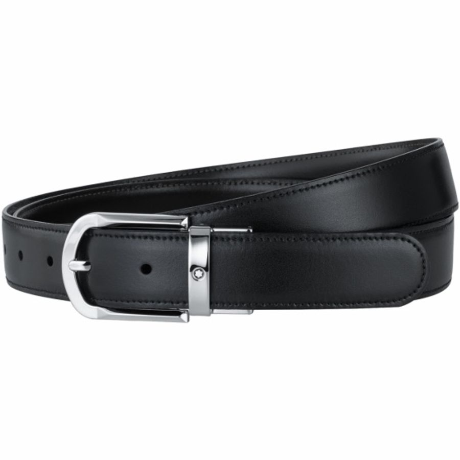 MONTBLANC 萬寶龍 雙面 黑色 棕色 馬蹄形 鍍鈀雙色 皮帶 腰帶-2